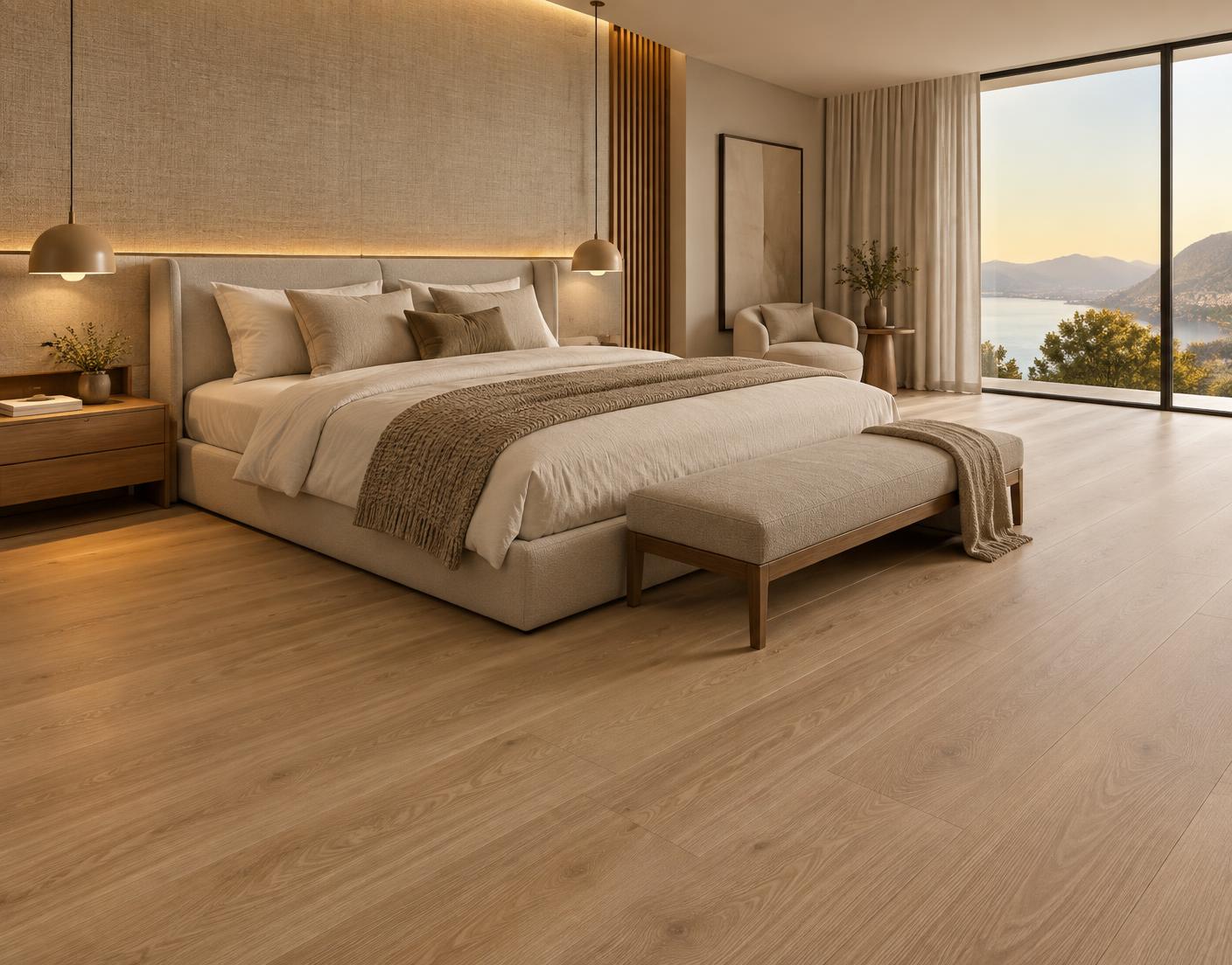 Quarto sofisticado com piso laminado claro