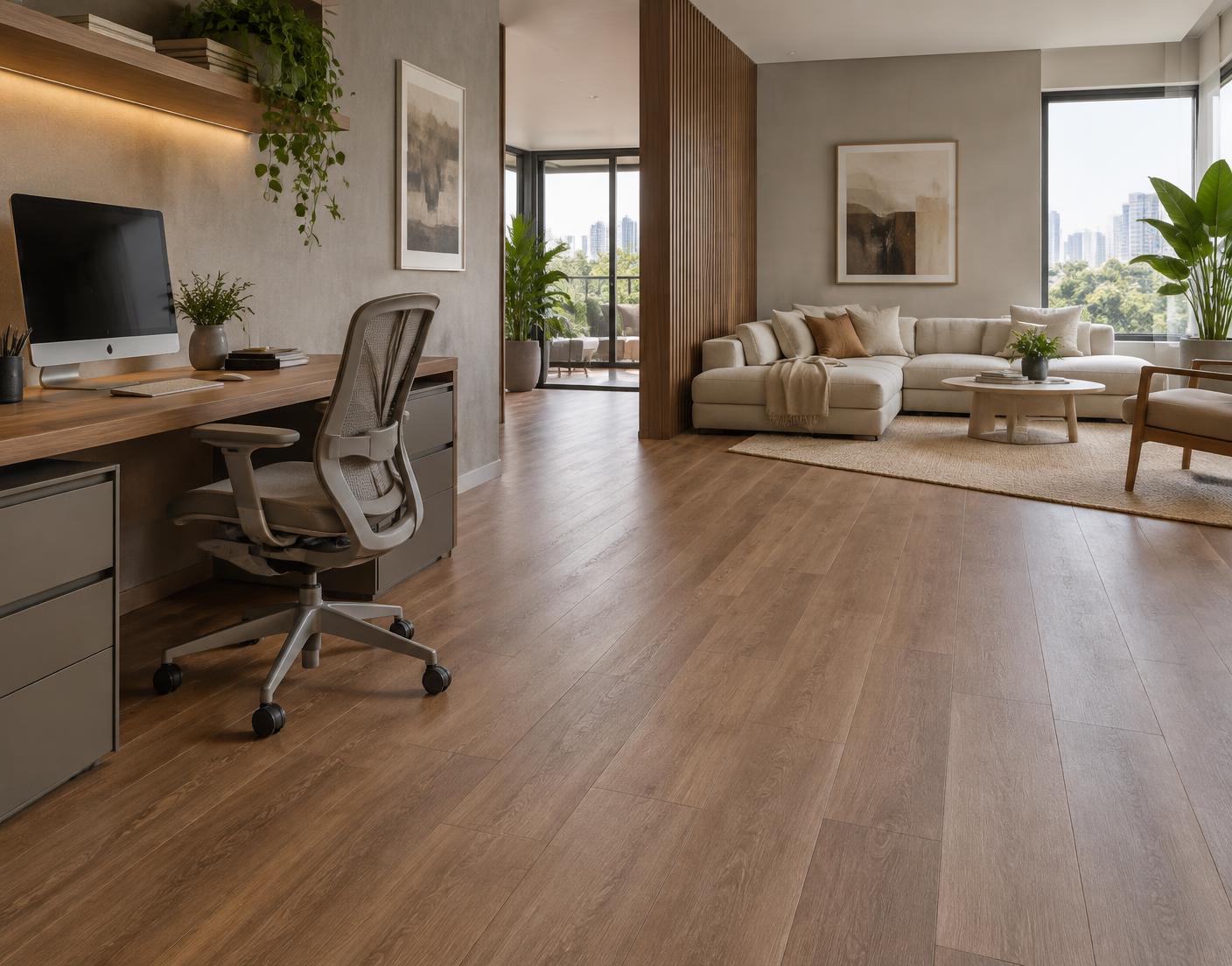 Escritório moderno com piso vinílico amadeirado